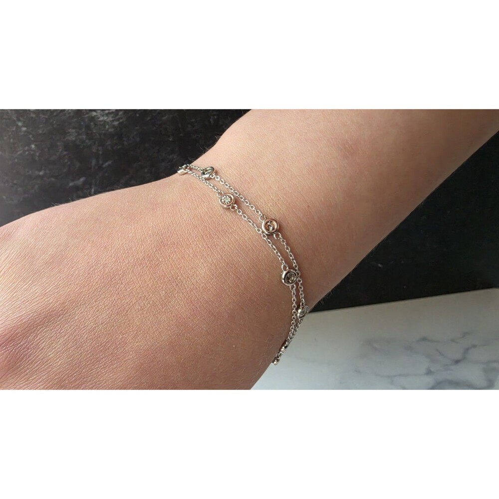 SUN 925 Sterling Silver Diamond Station Double Chain Bracelet Vintage